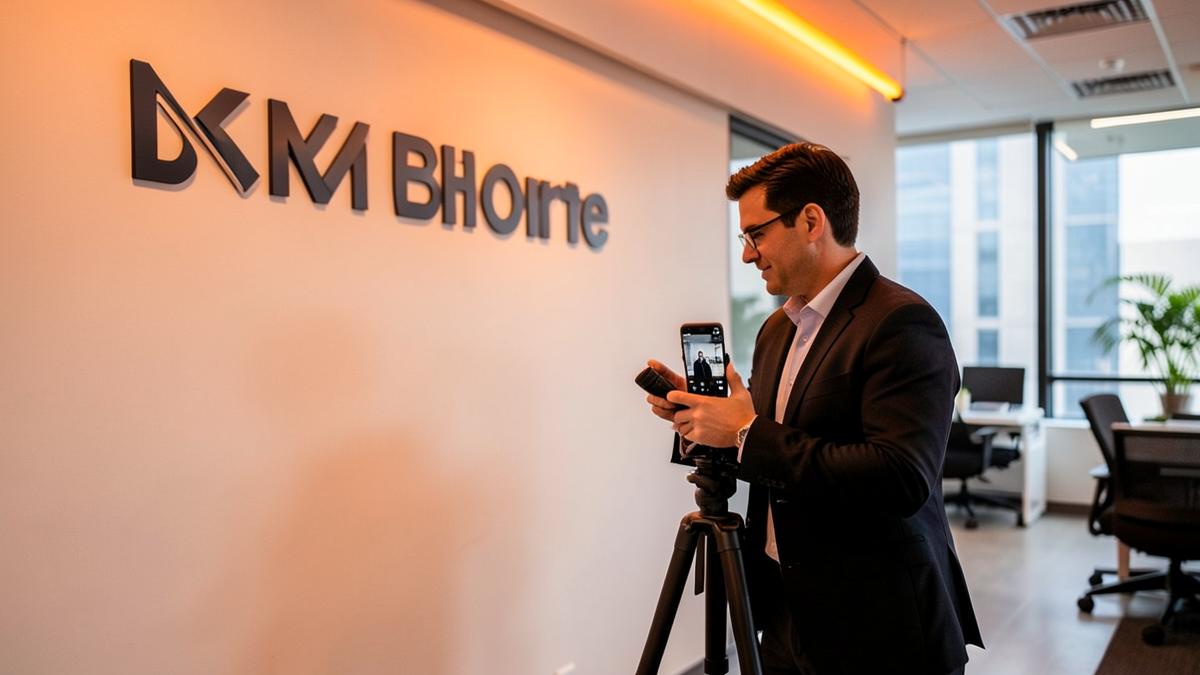 Majitel firmy natáčí video na telefon u stěny s firemním logem v moderní kanceláři