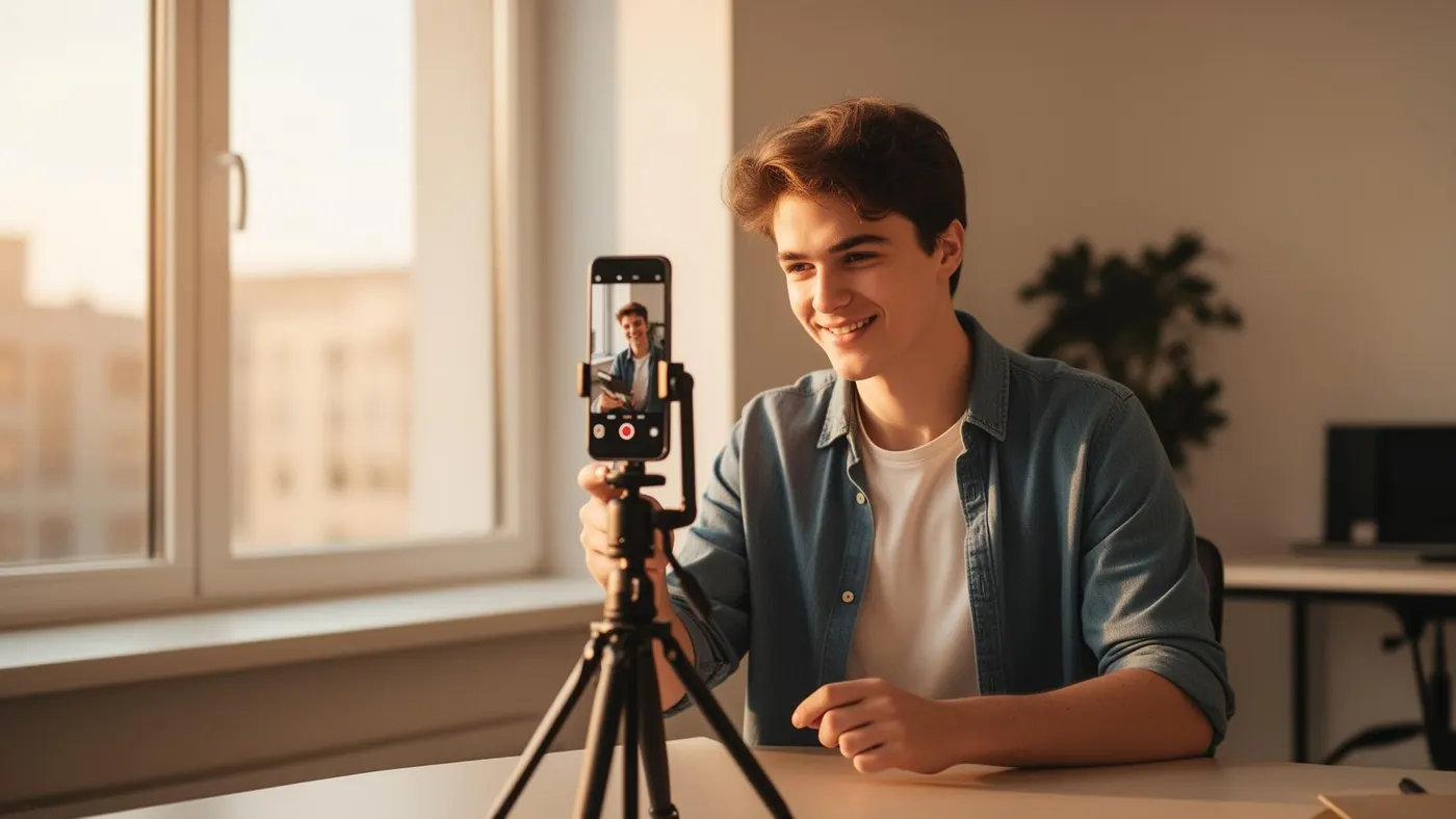 Mladý podnikatel natáčí Instagram Reels na telefon ve světlé kanceláři