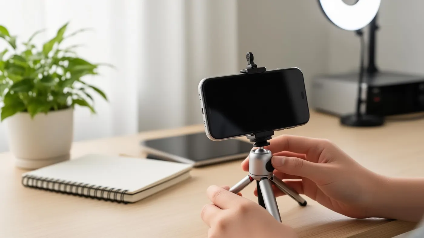 Ruce nastavují telefon na malý stativ vedle ring lightu — začátky tvorby obsahu